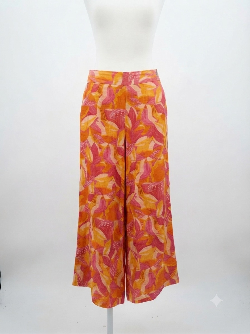 Cynthia Rowley 100% Linen Pink Orange Abstract Floral Wide Leg Crop Pants Medium